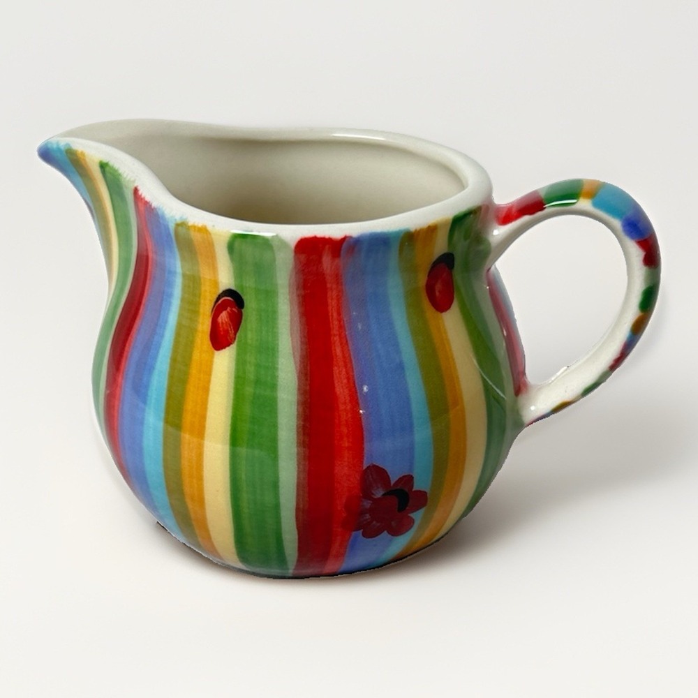 Gail Pittman Pottery Creamer Pitcher Hand Painted Stripes Signed 4" USA Colorful
